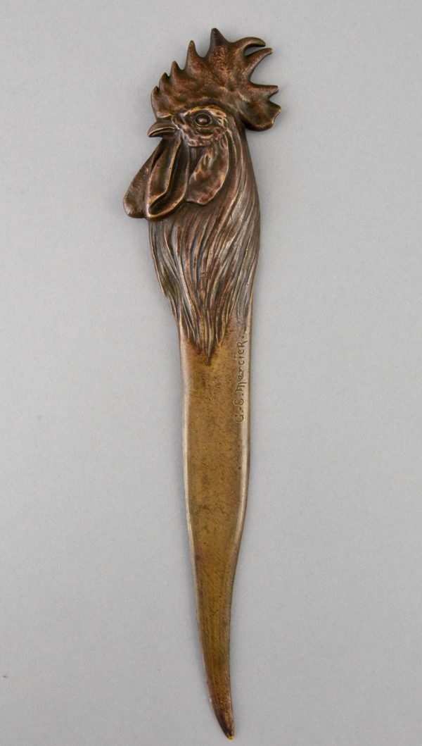 Art Nouveau bronze letter opener bookmark with rooster