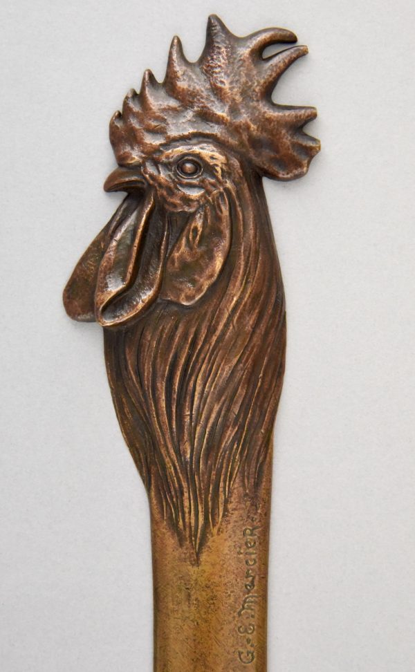 Art Nouveau bronze letter opener bookmark with rooster