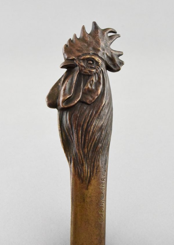 Art Nouveau bronze letter opener bookmark with rooster