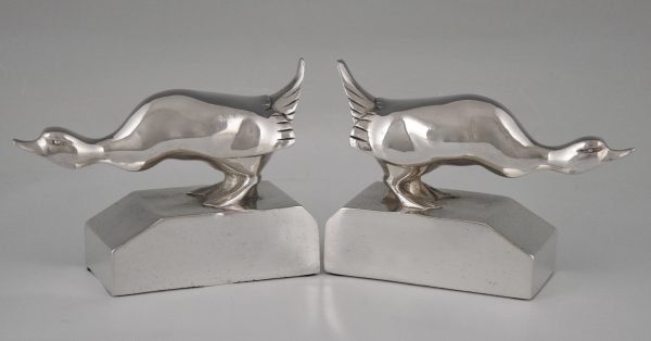 Art Deco Buchstützen Bronze versilbert Enten