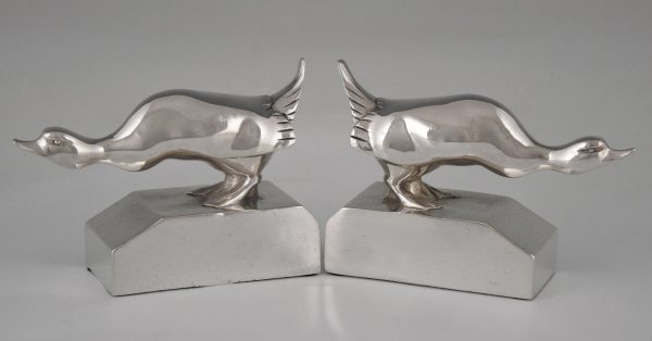 Art Deco silvered bronze duck bookends