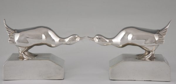 Art Deco silvered bronze duck bookends