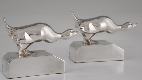 Art Deco silvered bronze duck bookends