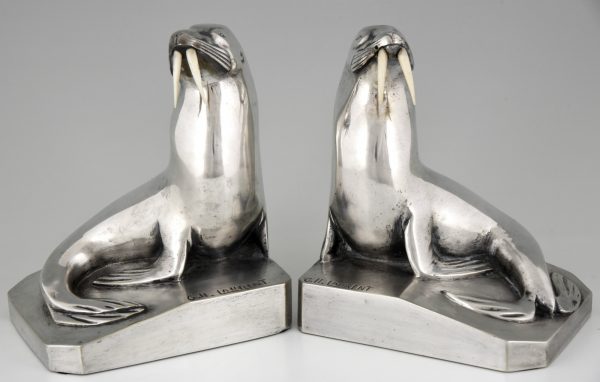 Art Deco silvered bronze walrus bookends.