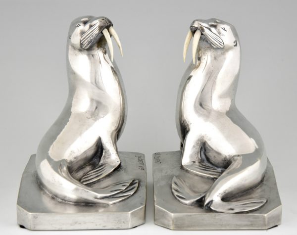 Art Deco silvered bronze walrus bookends.