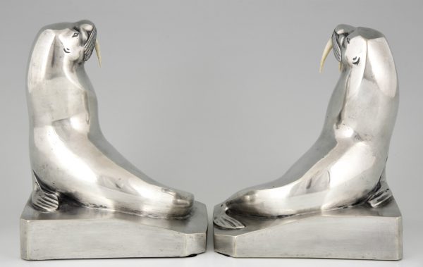 Art Deco silvered bronze walrus bookends.