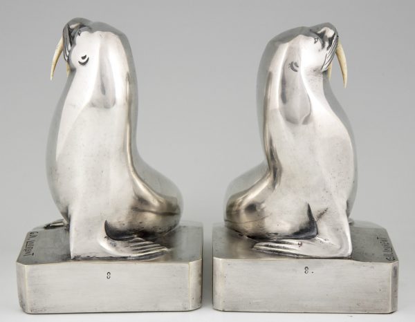 Art Deco silvered bronze walrus bookends.