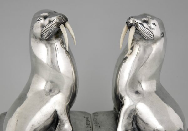 Art Deco silvered bronze walrus bookends.