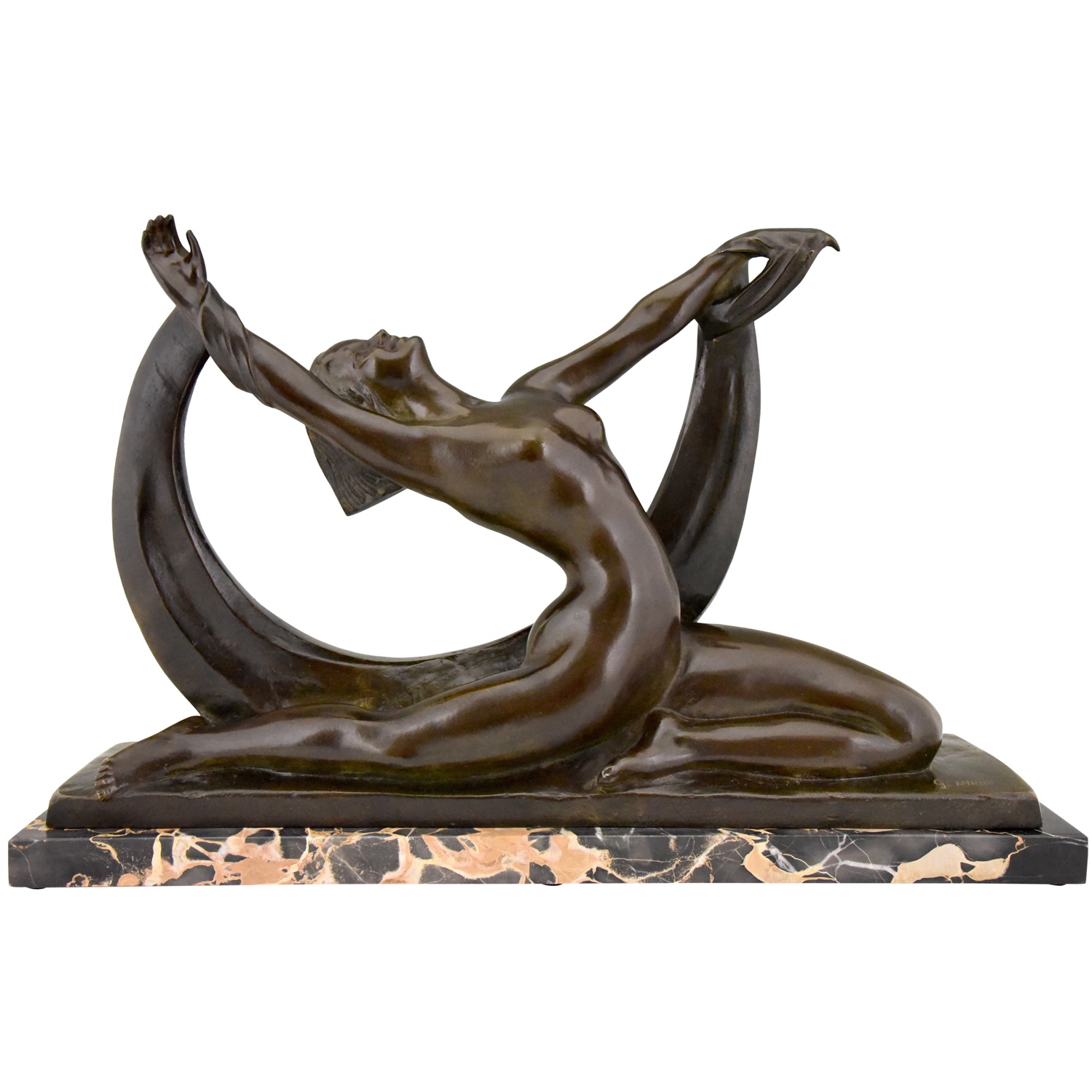 Art Deco bronze sculpture nude lady, scarf dancer in split pose