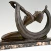 Art Deco bronze sculpture nude lady, scarf dancer in split pose