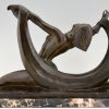 Art Deco bronze sculpture nude lady, scarf dancer in split pose