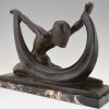 Art Deco bronze sculpture nude lady, scarf dancer in split pose