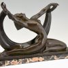 Art Deco bronze sculpture nude lady, scarf dancer in split pose