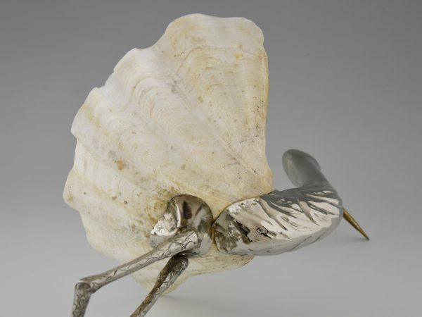 Skulptur modern Vogel versilbertes Metall und Schale