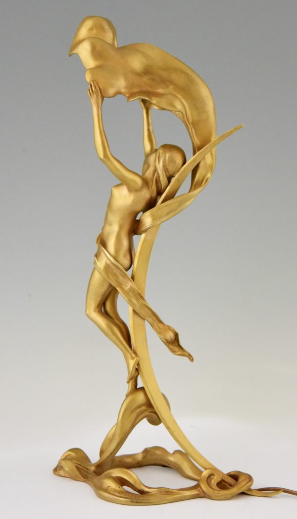 Art Nouveau lampe bronze doré avec une femme nue