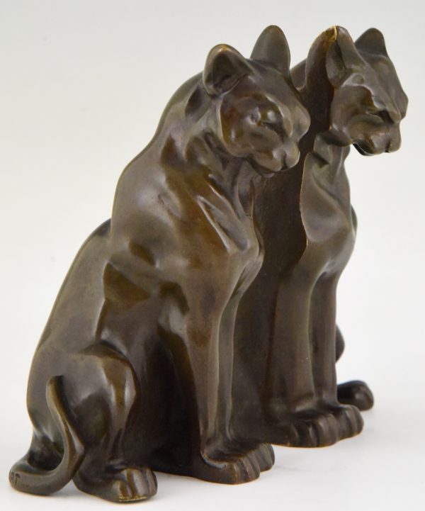 Art Deco Buchstütze Bronze Katzen