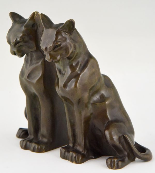 Art Deco Buchstütze Bronze Katzen