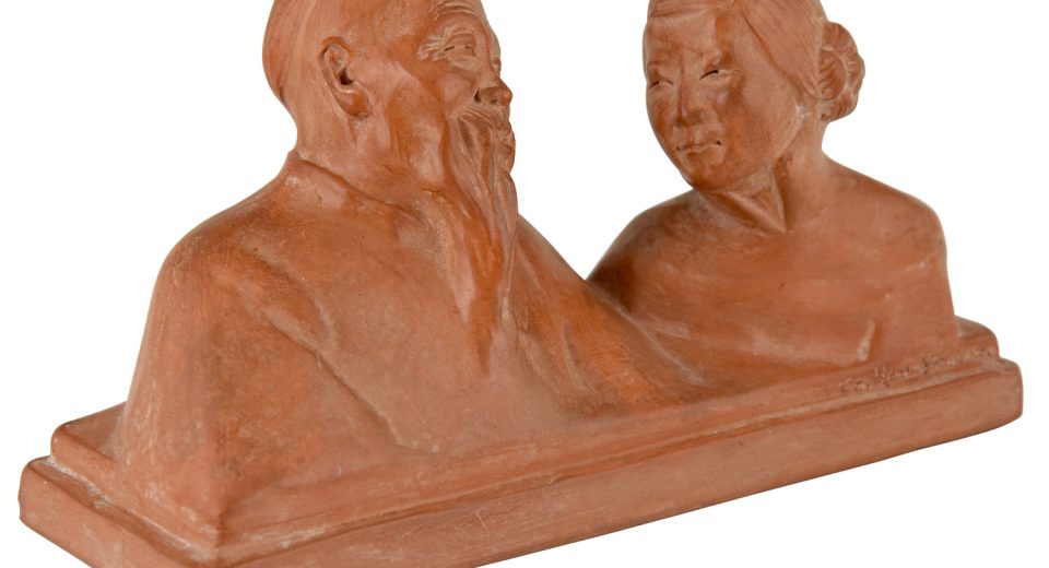 Art Deco sculpture terre cuite couple Chinois