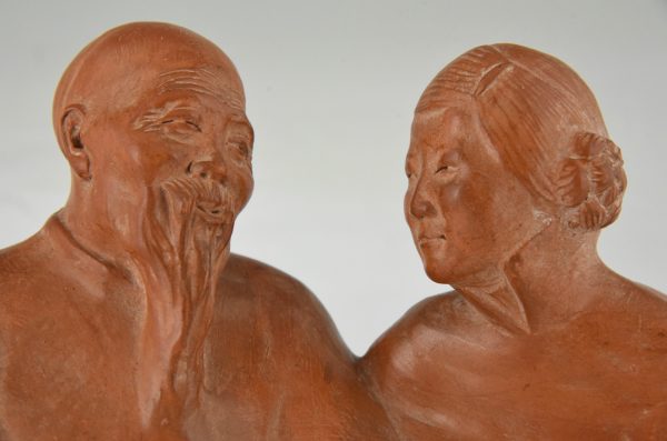 Art Deco sculpture terracotta Chinese couple.