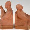 Art Deco terra cotta bookends with Chinese men  