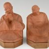 Art Deco terra cotta bookends with Chinese men  