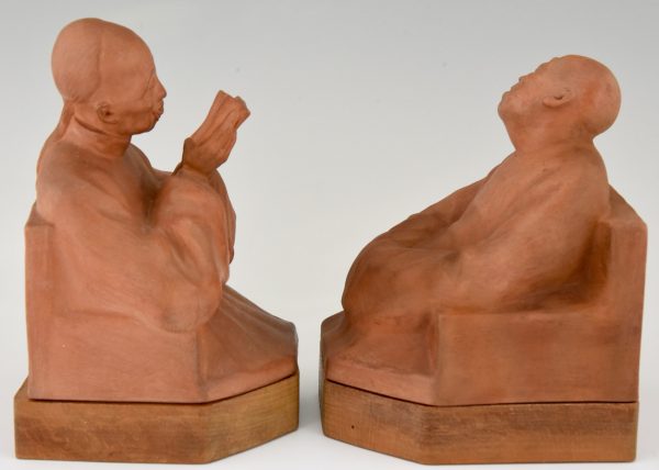 Art Deco terra cotta bookends with Chinese men  