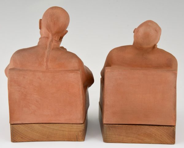 Art Deco terra cotta bookends with Chinese men  