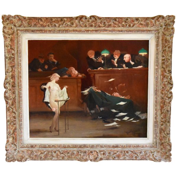 Schilderij van naakte vrouw voor de rechter in rechtszaal