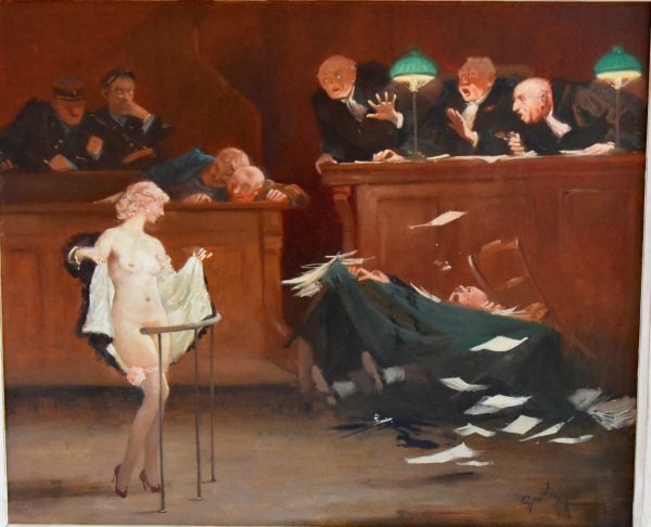 Schilderij van naakte vrouw voor de rechter in rechtszaal