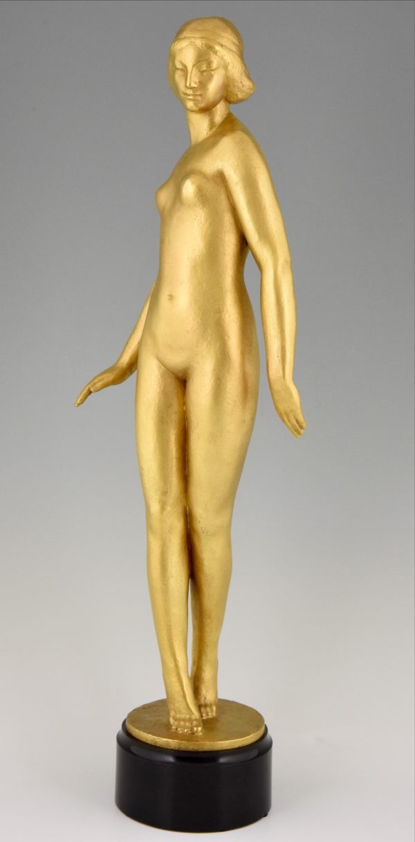 Art Deco verguld bronzen beeld naakte vrouw.