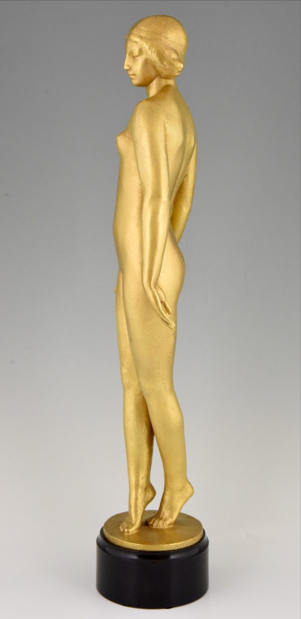 Art Deco sculpture en bronze doré, femme nue debout.