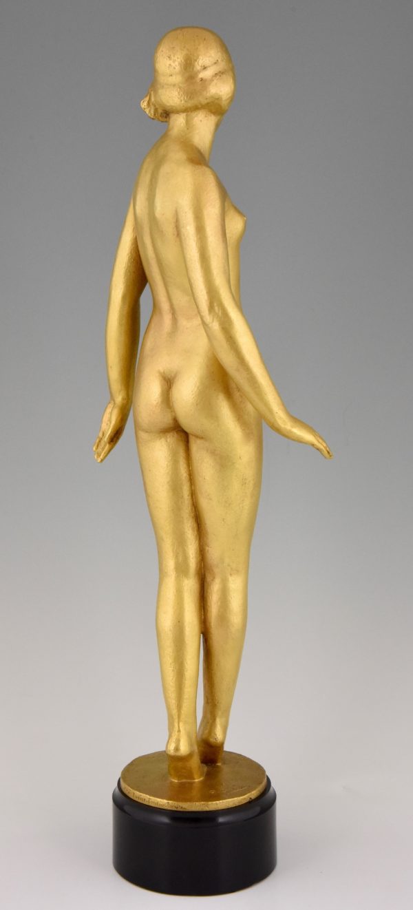 Art Deco verguld bronzen beeld naakte vrouw.