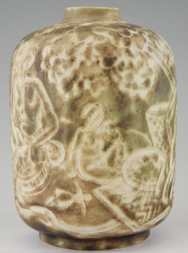 Autumn Art Deco ceramic vase with nudes in an orchard