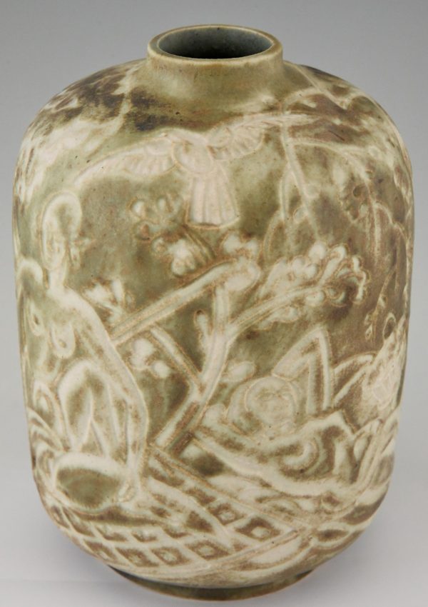 Autumn Art Deco ceramic vase with nudes in an orchard