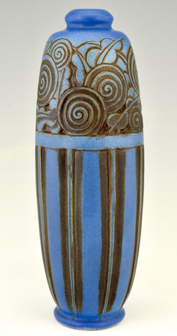 Vase Art Deco en Grès céramique blue décoré de fleurs