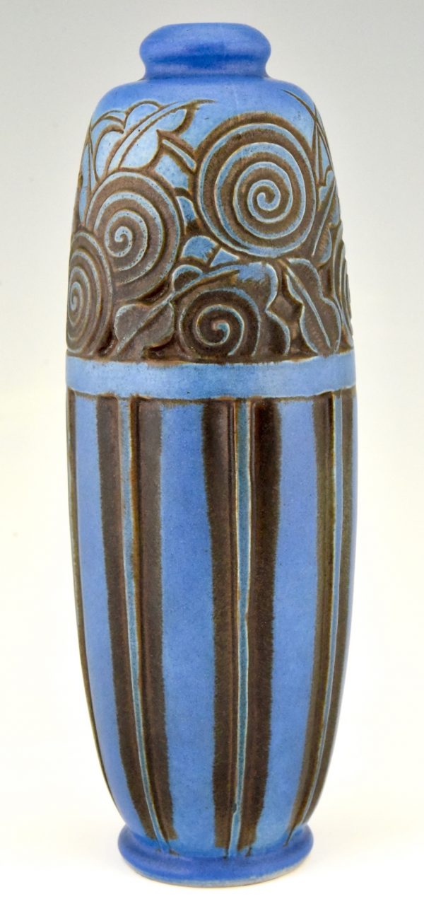 Vase Art Deco en Grès céramique blue décoré de fleurs
