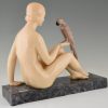 Art Deco ceramic sculpture seated nude with parrot