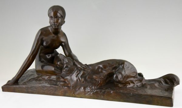 Art Deco sculptuur brons naakte vrouw met barzoi windhond