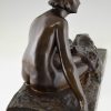 Art Deco Skulptur Bronze Frauenakt mit Barzoi Windhund