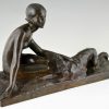 Art Deco bronze sculpture nude lady with borzoi dog.