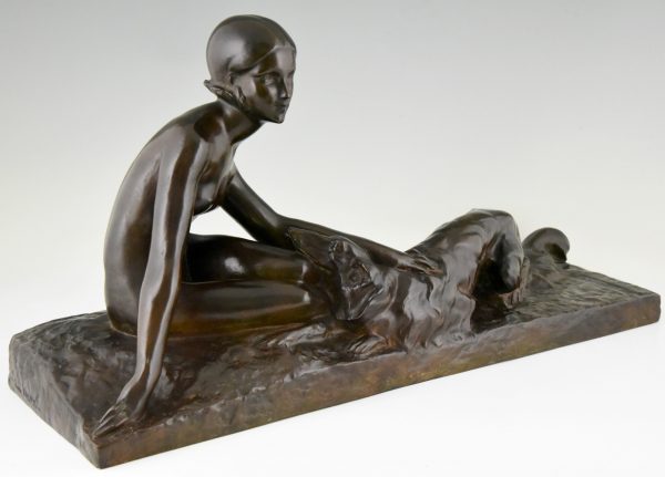 Art Deco bronze sculpture nude lady with borzoi dog.