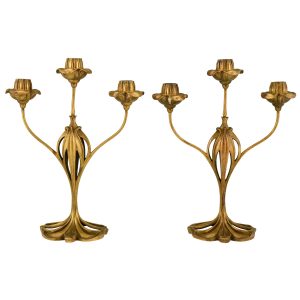 Pair of bronze Art Nouveau candelabra with floral design