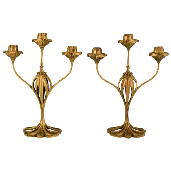 Paar Jugendstil Leuchter Bronze florales Motif