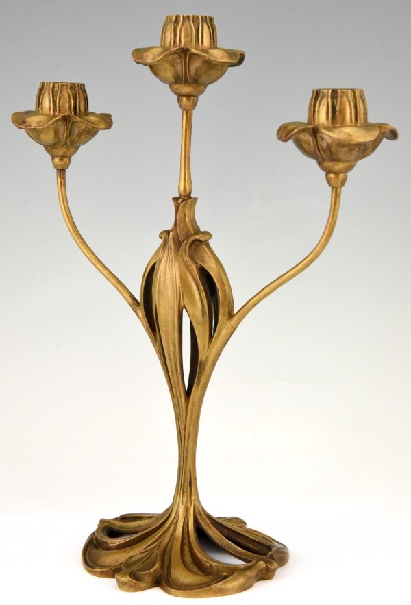 Pair of bronze Art Nouveau candelabra with floral design