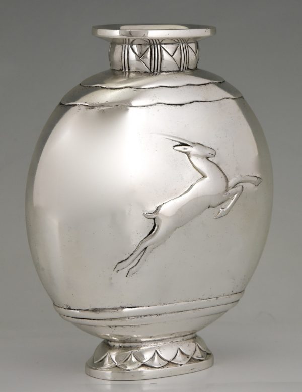 Art Deco silvered bronze vase with antilope