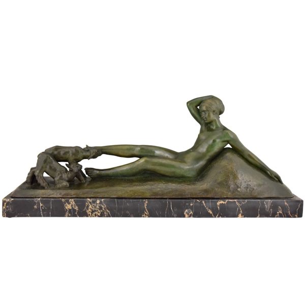 Art Deco bronze sculpture of a reclining nude with goats