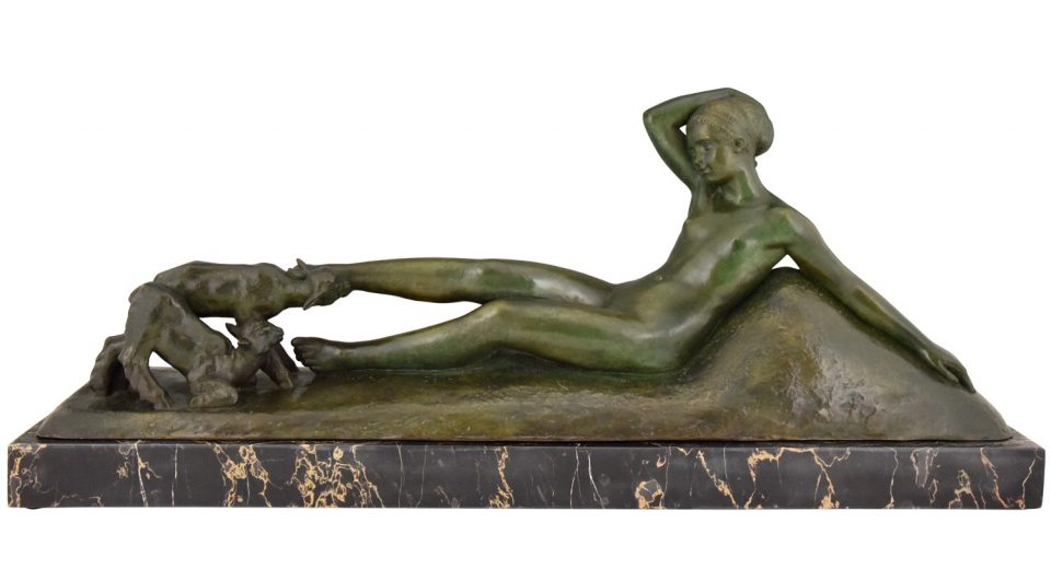 Art Deco Bronze Skulptur Frauenakt mit zwei Ziege