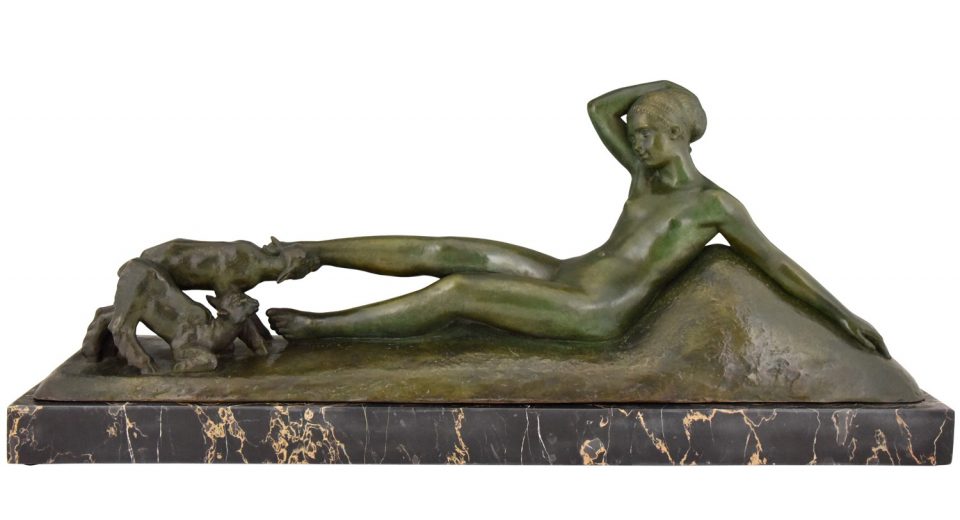 Art Deco Bronze Skulptur Frauenakt mit zwei Ziege Art Deco Bronze Skulptur Frauenakt mit zwei Ziege