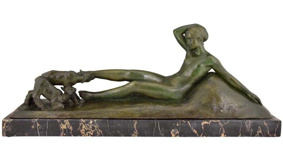 Art Deco bronze sculpture of a reclining nude with goats