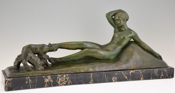 Art Deco bronze sculpture of a reclining nude with goats